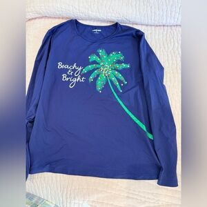 🎄Palm Tree Sequins ‘Beachy n Bright’ Swim Top Rash Guard XL Beach Land’s End